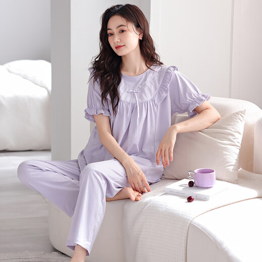 MUJI COM unmarked muji pajamas for women in summer pure cotton short-sleeved trousers can be worn on the outside simple loose large-size home clothing set Z691 taro purple L Recommended 100-120 Jin [Jin equals 0.5 kg]