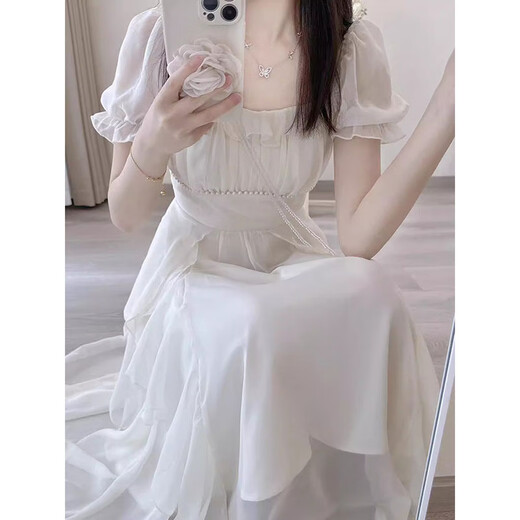 允橘连衣裙裙子女夏季2025新款轻奢高级感白色长裙法式海边沙滩裙纯欲 米白色钉珠仙女连衣裙 M 建议95-105斤