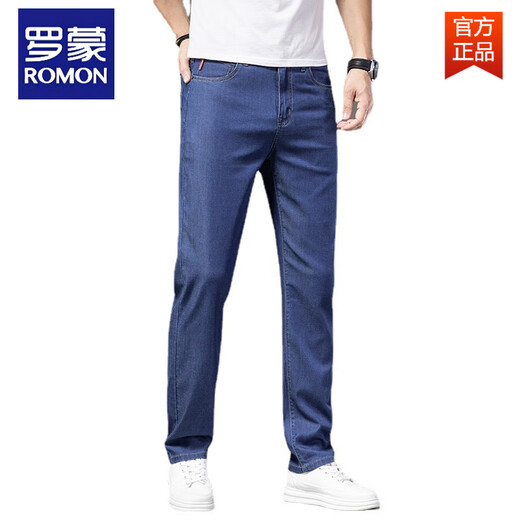罗蒙（ROMON）冰丝莱赛尔高端男士牛仔裤夏季薄款直筒宽松长裤弹力休闲裤子 FXX 9767中蓝色 32