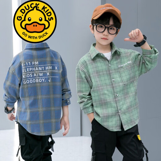 G.duck brand children's clothing boys plaid shirt spring and autumn children's long-sleeved shirt handsome boy autumn clothes for middle and large children blue plus velvet 150