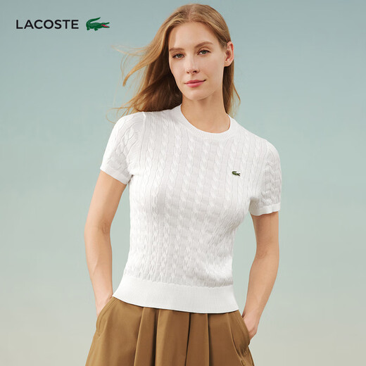 LACOSTE女装25春夏新款时尚绞花短袖套头纯棉毛衣| 70V/米白色 XS 34
