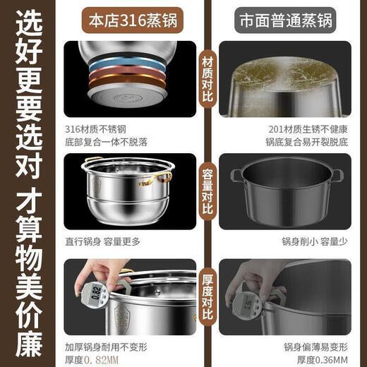 Supermarket hot sale 316 stainless steel steamer multi-layer steamer gas stove induction cooker universal double bottom food grade thickened 316L stainless steel steamer double layer 28cm