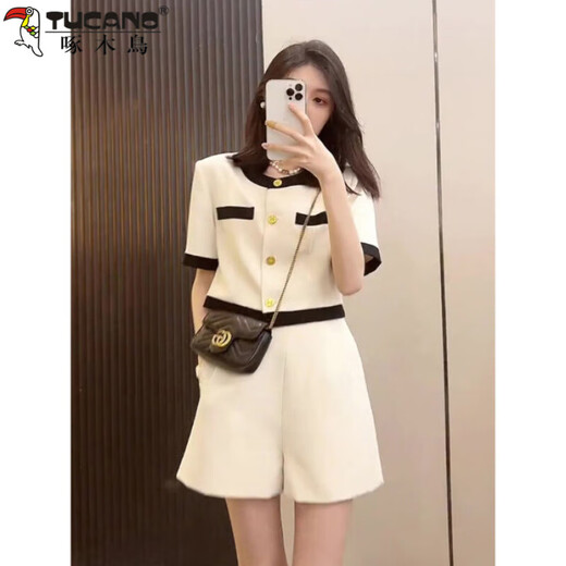 Pájaro carpintero (Tucano) Mujer coreano Summer Small Fragance Style Traje de gran tamaño, pantalones cortos delgados de tamaño, sets de dos piezas para personas pequeñas con 2xl azul