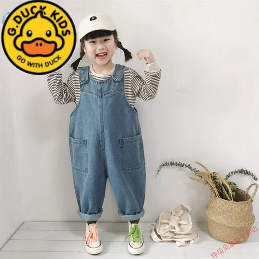 G.DUCKKIDS儿童裤子韩版春秋新品2025女童背带裤宽松牛仔宝宝可爱大PP连体裤 浅蓝色宝宝背带裤 100 cm
