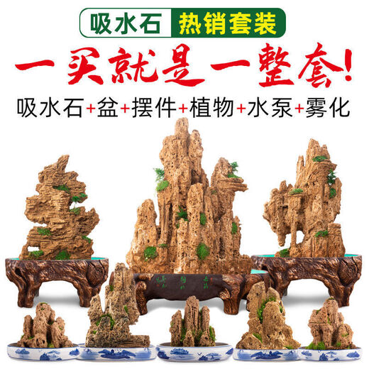 Water-absorbing stone Natural water-absorbing stone bonsai original stone Water-absorbing stone rockery stone flowing water fountain fish tank stone landscaping stone installation Only buy stones (free grass seeds with stones) 10-14cm water-absorbing stone