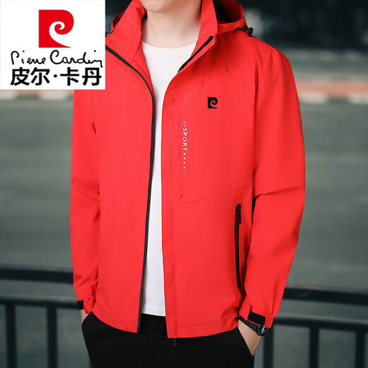 Pierre Cardin Jacket Men's Spring and Autumn Middle-aged Casual Jacket Loose Plus Size Jacket Top Hooded Fishing Suit Plus Velvet Red (Spring and Autumn) 2XL 150-160Jin Jin is equal to 0.5 kg