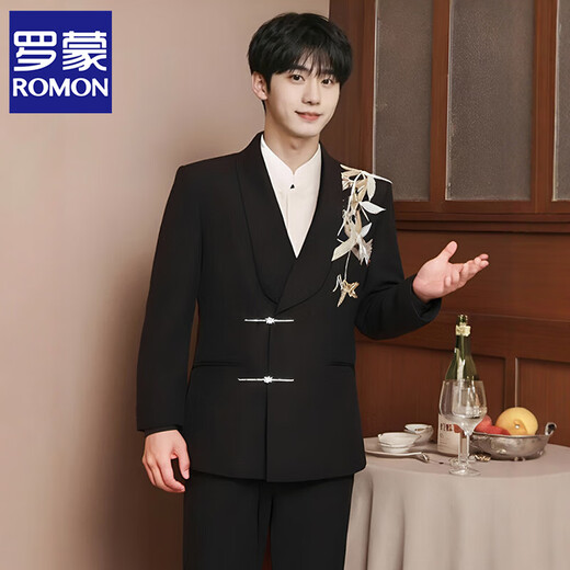 ROMON high-end new Chinese style suit men's Chinese style loose Tang suit suit groom wedding suit green fruit collar black two-piece suit jacket + pants L 149-164Jin Jin equals 0.5 kg