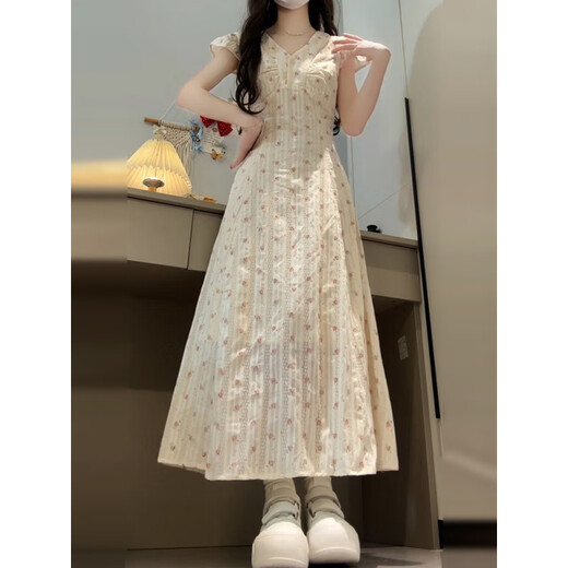 
Cotton French V-neck Floral Dress for Women in Summer 2025 New Design Sense Small Flying Sleeve Waist Slim Long Skirt Off-white L Recommended 108-120Jin [Jin equals 0.5 kg]