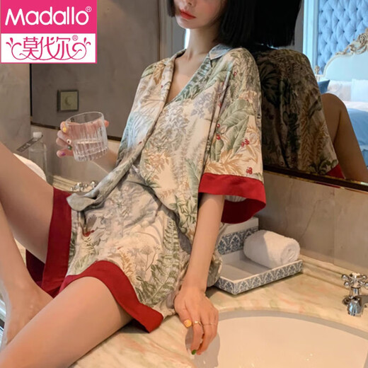 莫代尔冰丝新中式国风印花睡衣女装夏季薄款感可外穿短袖短裤家居服 套LW9214【丝滑凉感型】 M 【建议80-100斤】
