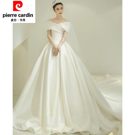 Pierre Cardin (Pierre Cardin) Satin Wedding Dress 2025 New Temperament Bride One-shoulder Palace Style French Atmosphere Simple Fairy Style Main Entrance Veil Ivory White (Tie) XL