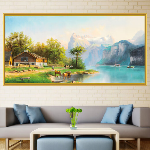 山头林村山水美式客厅装饰画芯沙发背景墙油画田园风景自粘整张防水墙贴画 TH-1048 小号;宽100厘米*高50厘米 x 打印边框 x