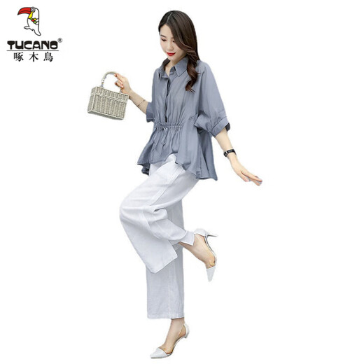 啄木鸟棉麻套装女气质2025年夏季新款时尚休闲洋气亚麻阔腿裤两件套 白色 S