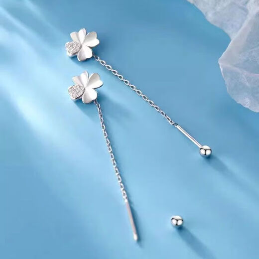 RSRDDY Old Phoenix pure silver 9999 earrings sterling silver four-leaf clover ear wire long screw slimming anti-allergic earrings earrings four-leaf clover tassel screw sterling silver earrings Lao Fengxiang same style 4.06g (sterling silver pair)
