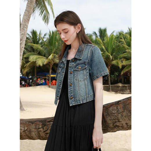 Three Color 2025 Summer New Retro Denim Jacket Lapel Front Shoulder Short Sleeve Cardigan Pure Cotton Short Casual M