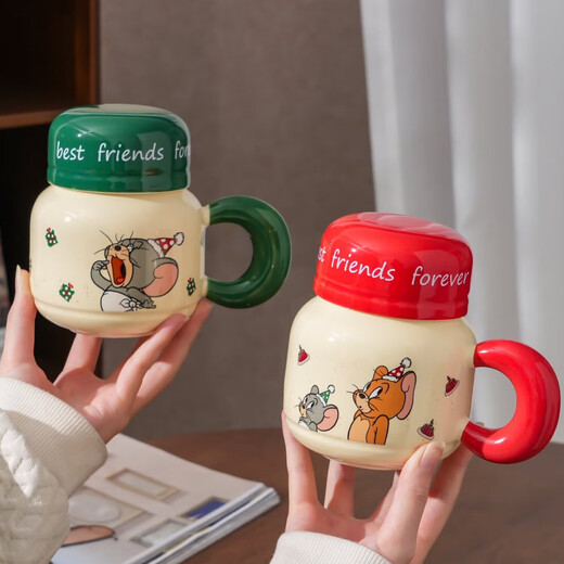 Genuinely authorized Tom and Jerry cartoon ceramic mug for office students with lid, large-capacity children's cute mug, round cup - upright style 1 piece 520ml