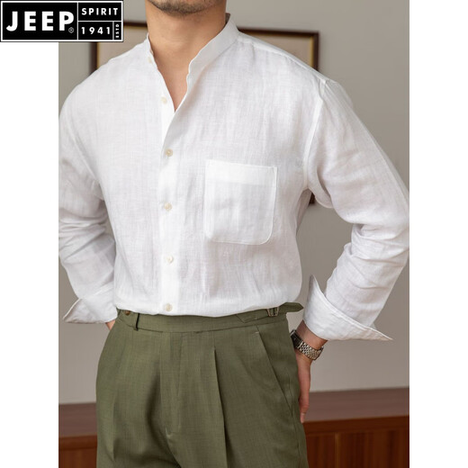 JEEP SPIRIT Commuting Light Mature Casual Breathable Pure Linen Long Sleeve Shirt Versatile Vacation Stand Collar Shirt Men's Henley Collar Top White L