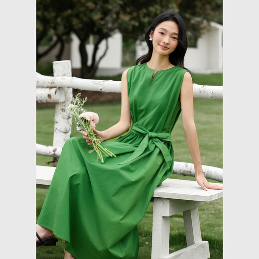 梵希蔓法式100%棉连衣裙女2025年夏季新款高级感收腰无袖背心长裙 A1656 舍勒绿 M