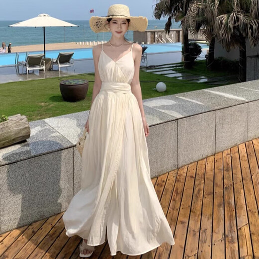 Miao Yijia white dress women's skirt summer 2025 new high-end French dress seaside vacation style beach long skirt French retro V-neck suspender dress M [Suggested 110-125Jin [Jin equals 0.5 kg]]