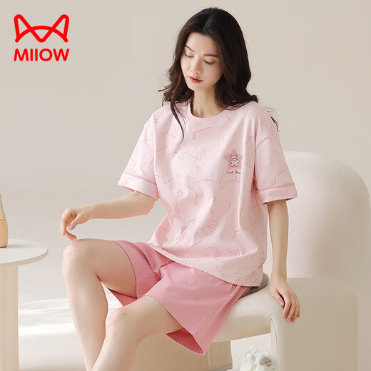 猫人（MiiOW）夏季纯棉睡衣女士2025新款短袖女款家居服大码夏天套装可外穿薄款 A9859 樱桃红 XL 120-140斤】