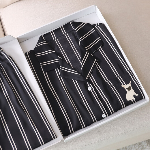 
Shantoulin Village Cai Xukun couple pajamas for women in summer ice silk short-sleeved spring and autumn striped teenager men's home clothes Z3890 women Z3897 men (short-sleeved + shorts)_Panda M women's height 153-160cm, recommended weight 85