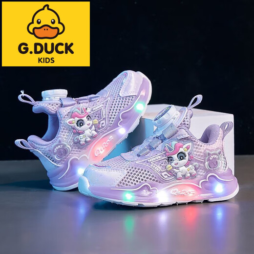 G.DuckKids Petites chaussures de sport de filles de canard jaune 2025 Nouveau printemps et été décontracté polyvalent Luminous Sports Pony Lily Mesh Chaussures B689 Purple double filet 30 longueur intérieure d'environ 18,4 cm