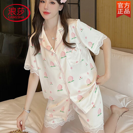 LangSha silk pajamas for women in summer thin sweet lace peach short-sleeved trousers three-piece set for outdoor home clothing set YX9905 short-sleeved trousers M (recommended 75-95Jin [Jin equals 0.5 kg])