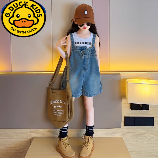 G.DUCKKIDS儿童牛仔背带裤2025新款夏装小女孩儿童休闲短裤百搭薄款套装 白色字母背心 150 建议身高145cm左右