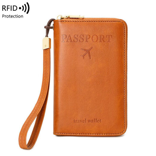 New new certificate bag anti-theft brushing RFID passport clip zipper ID card wallet money clip multifunctional travel passport bag light brown