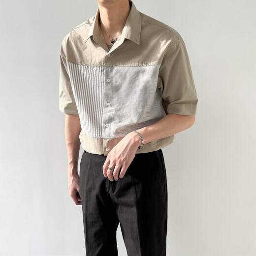 Scarecrow (MEXICAN) summer ice silk cool cotton and linen light luxury style Henry collar short shirt trendy men's stripes white L (110-130Jin Jin equals 0.5 kg)