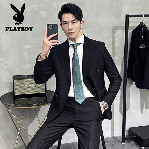 Playboy (PLAYBOY) high-end double-breasted peaked lapel suit men's wedding Korean version slim British style casual small suit jacket navy blue jacket + pants 4XL (163-175Jin Jin equals 0.5 kg)
