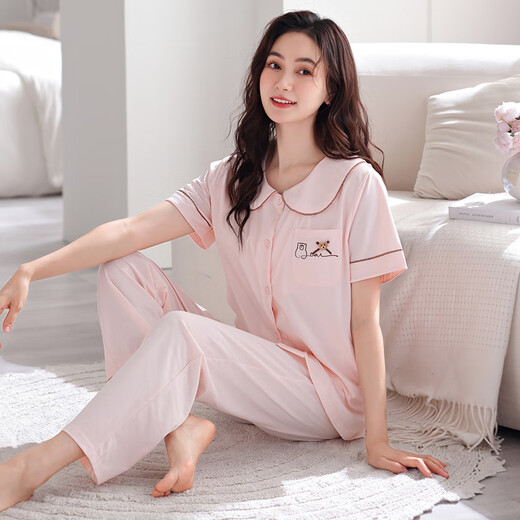 Muji com imprimir pantalones largos de manga corta de Muji con pijama de almohadilla para la almohadilla para mujeres en verano en verano, algodón puro se puede usar en el exterior en verano, ropa delgada de la casa Z693 verde tierno (con almohadilla del pecho) L Recomendado 100-120 Jin [Jin iguala 0.5 kg]
