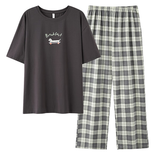 Pure cotton couple pajamas for women antibacterial Xinjiang cotton spring and summer short-sleeved trousers Korean style thin home wear set 5E5141-Men's XL