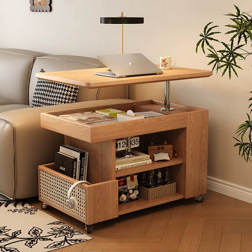 
Bailuyuan retro solid wood new style lifting and wheeled coffee table living room balcony light luxury cart sofa side cabinet SN3271 original wood color lifting [no induction light single side rattan]-