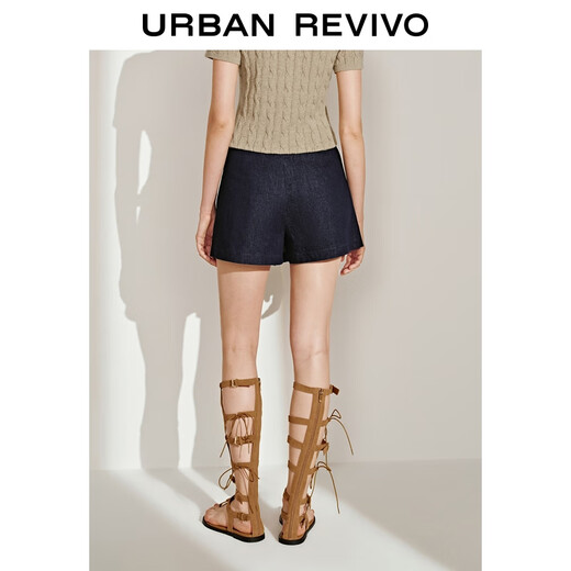 UR2025 Summer New Women's Retro College Style Casual Pleated Denim Shorts UWM850136 Indigo 25