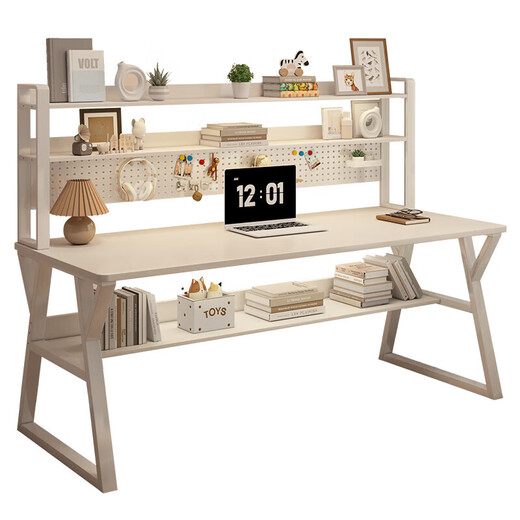 Desktop hole board computer table home desk bookshelf integrated table office desk study table bedroom e-sports table and chair 140CM milk white