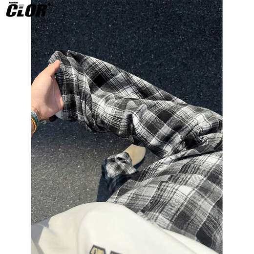 CLOR autumn and winter plaid casual pants men's American fashion brand loose retro contrast color versatile straight pants CL87 black plaid 2XL