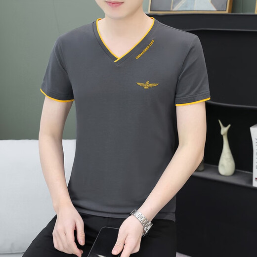 与狼共舞夏季男士短袖t恤纯棉v字领潮流修身半截袖青年休闲上衣服薄款汗衫 黑色 qy693 M