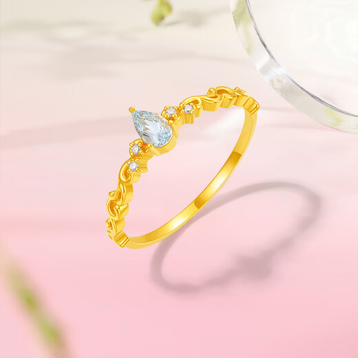Saturday Fortune (ZLF) gold ring for women 5G pure gold water drop aquamarine gold inlaid ring for girlfriend No. 11-1.72g
