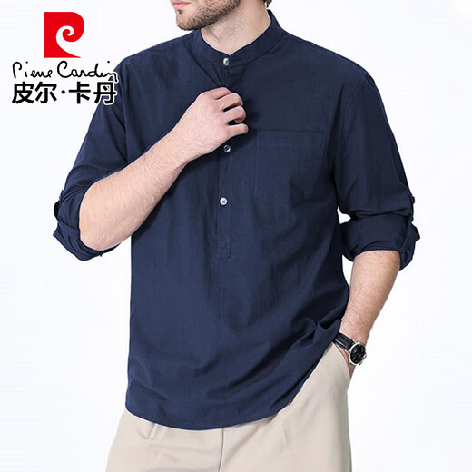 Pierre Cardin Spring and Summer New Henley Shirt Long Sleeve Men's Solid Color Cotton Beach Shirt Casual New Chinese Style Shirt Navy S