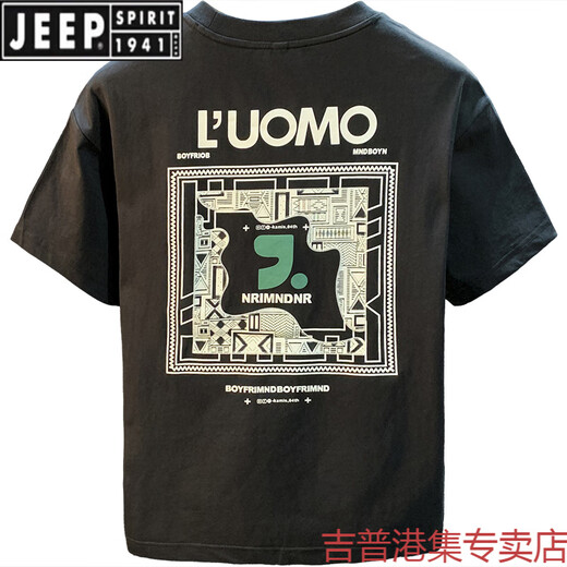 JEEP SPIRIT高端男士短袖T恤潮流2025年薄款黑色体恤衫夏季新款印花半袖上衣 黑色 【ZJ1098】 M 适合95-110斤穿