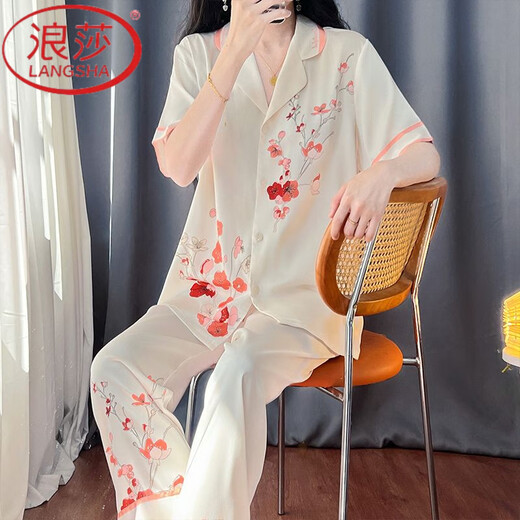 浪莎（LangSha）真丝睡衣女春夏天短袖冰凉薄款2025中国风感真丝绸家居服套装 1203#红色梅花[高品质冰丝] M [建议80-100斤穿]