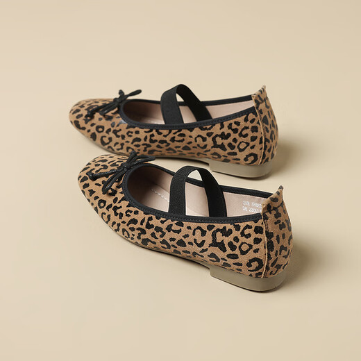 ZHR Single Shoes Damen Sommertemperament Bow weiche flache Mary Jane Lederschuhe Frauen flacher Mund Ballett Frauenschuhe AH683 Leopardendruck 39