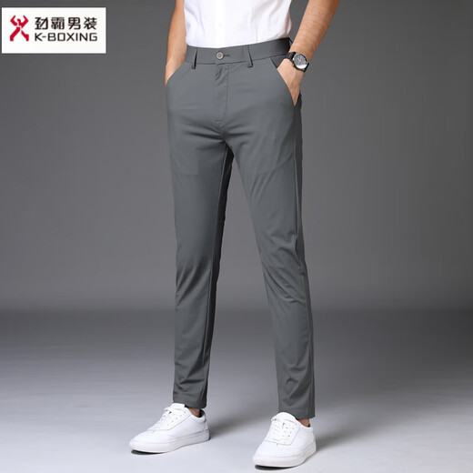 劲霸男装（K-Boxing）2025冰丝休闲西裤男春夏季薄款男裤速干免烫弹力修身小脚长裤 1098-黑色九分 28