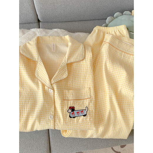 Arctic velvet dachshund dog pajamas for women 2025 new summer pure cotton gauze short-sleeved three-piece suit cardigan cotton silk home clothes Yunduo Cotton-J9901# Paradise puppy three-piece set M [Suggestion 75-100Jin [Jin equals 0.5 kg]]