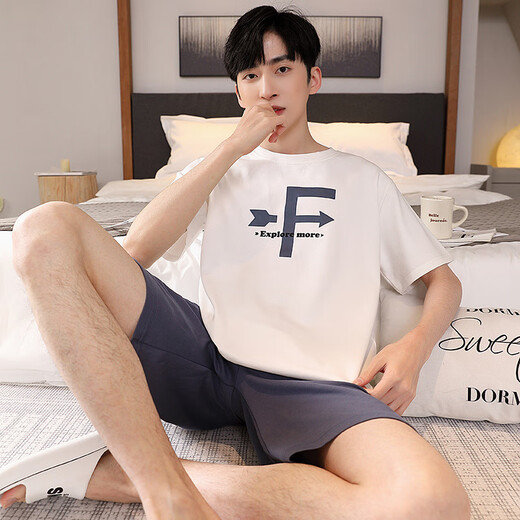Zhulu summer pajamas men's round neck pullover pure cotton short-sleeved suit loose casual Korean style printed thin men's home clothing G867 L