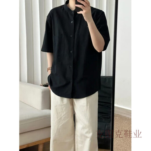 Ketuk new Chinese style cotton and linen textured short-sleeved shirt for men and women Henry collar cardigan shirt summer retro lazy jacket black L