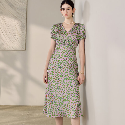 ROEYSHOUSE ROYE Elegante Vestido floral de cuello en V para mujeres 2025 Summer NUEVA MANAGA DE MANAJA Cerrada a mitad de largo 12138 Floral S