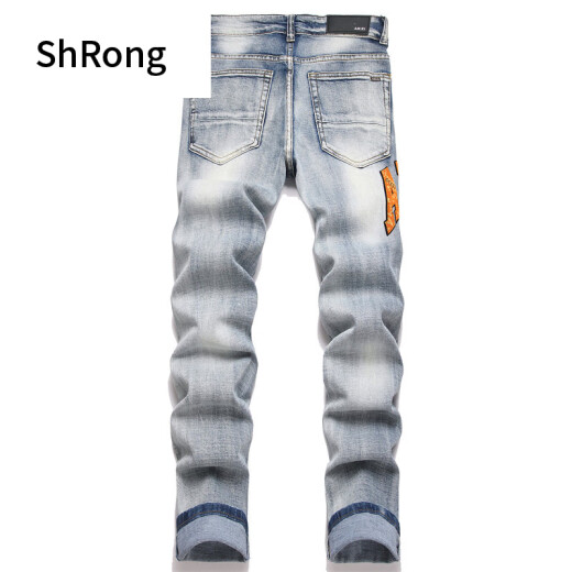 Shurong Hong Kong Trendy Marke European und American High Streetstyle Amiri Mode, schlankes elastisches, geradliniges gestickeltes Riss -Jeans S3892# 30