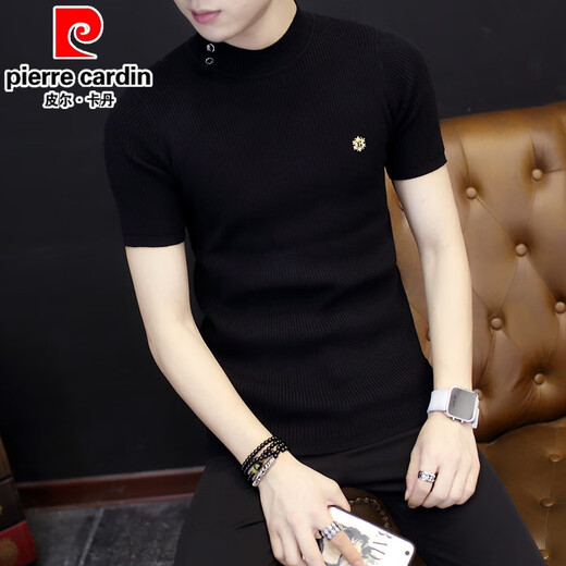 Pierre cardin summer short-sleeved T-shirt for men Korean style slim men youth knitted turtleneck T-shirt 2025 new men's top trend Navy blue 9902 M
