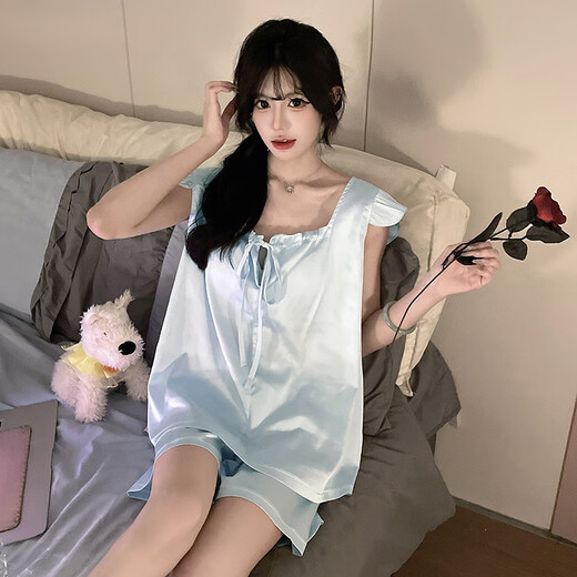 Xiwangchun Fengfei Pajamas de manga de Feifeng para mujeres con almohadillas de pecho 2025 Nuevo chaleco sexy set de verano ropa delgada del hogar 9227la arco sólido arco azul almohadilla de cofre fija m